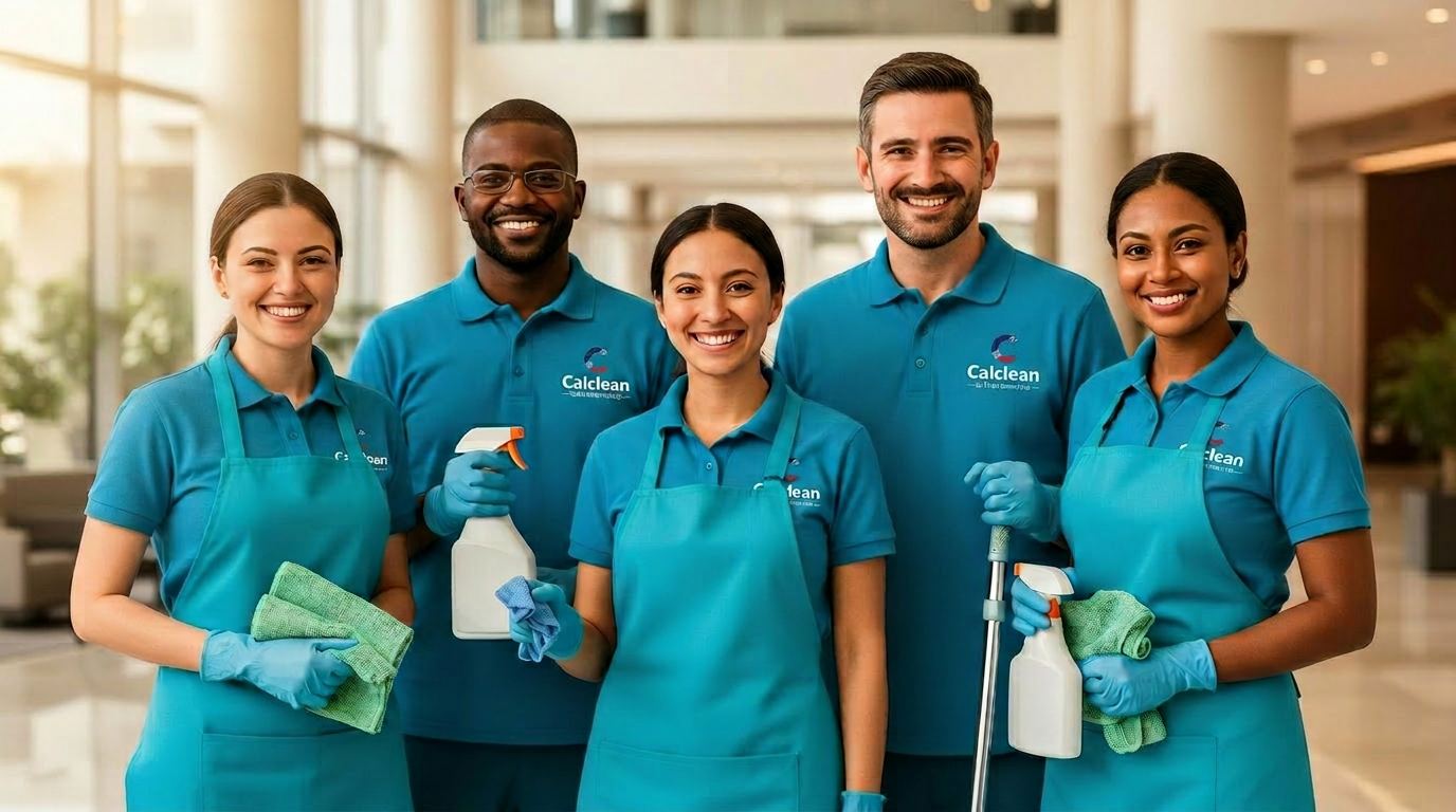 Unser Calclean-Team in Uniform – freundlich, geschult und vollständig versichert.